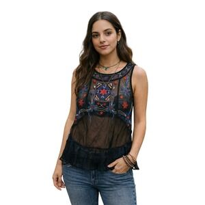 Black Mesh Embroidered Floral Sheer Ruffle Top Small Indie Fairy Whimsical Boho